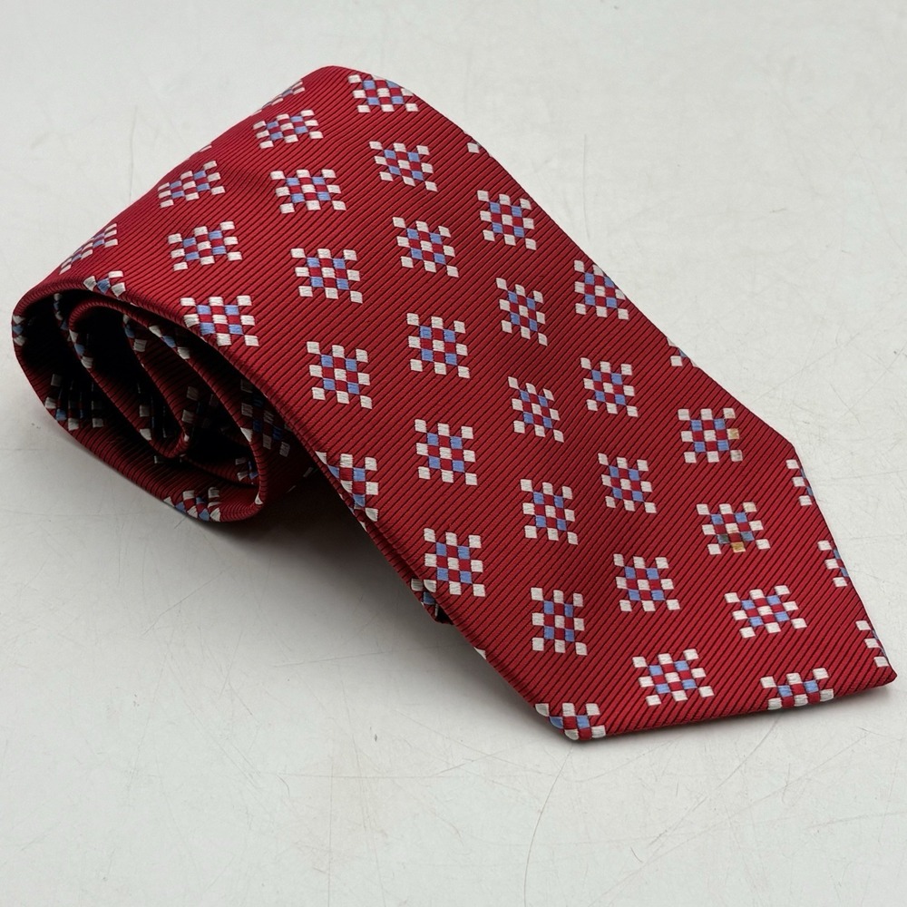 Faconnable 100% Silk Tie Red Blue Geometric Check Pattern France Necktie